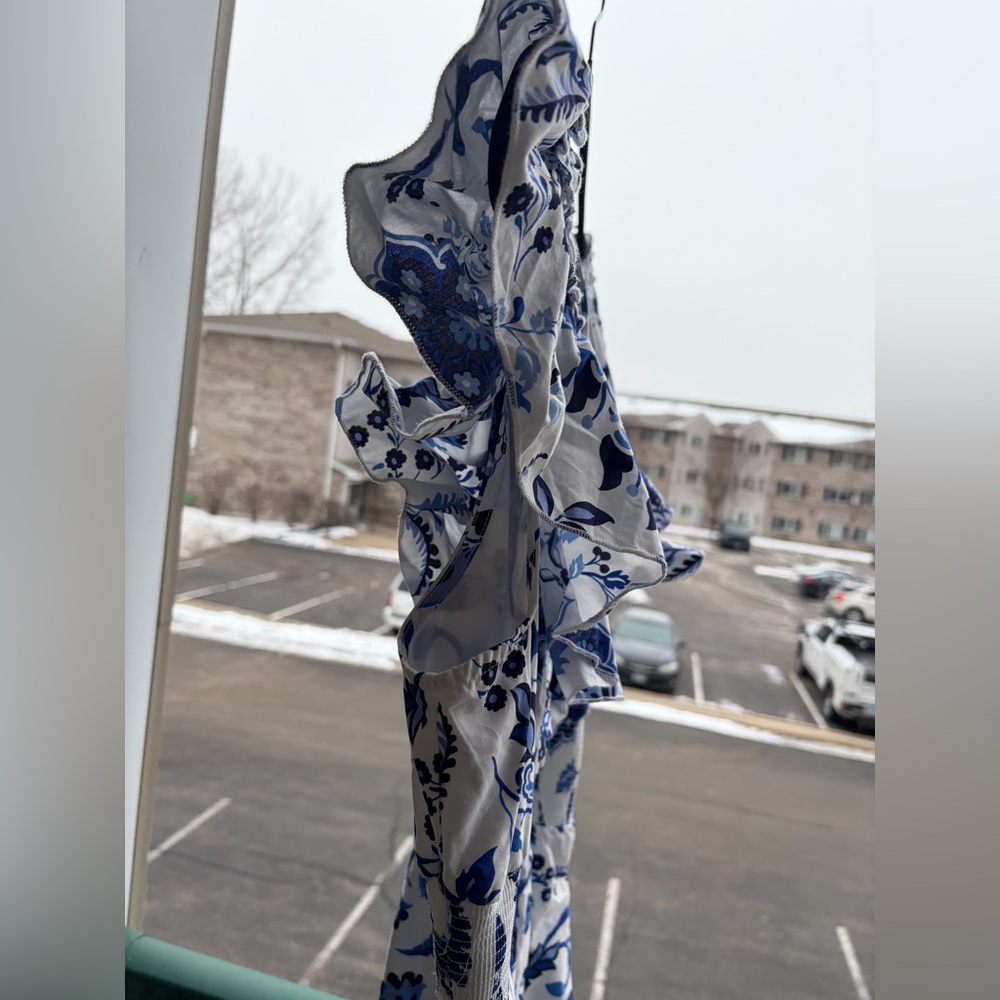🆕🫐Adrianna Papell Blue White Floral Ruffle Midi Dress Waist Cottagecore 14 NWT - Picture 10 of 17